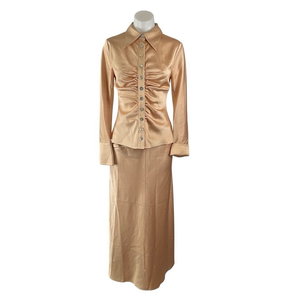 C/MEO Collective Sincerity Satin Button Down Shirt Midi Straight Skirt Set S/M